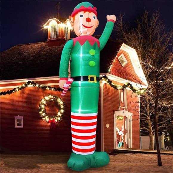 12 Ft Christmas Inflatable Elf Christmas Decor Outdoor Elf Holds Candy Cane